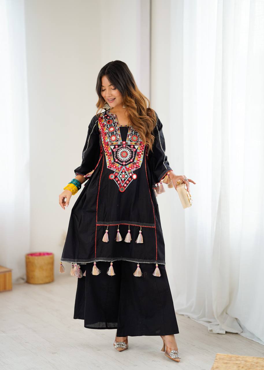 Trendy Black Khadi Cotton Embroidery Work Co-ord Set