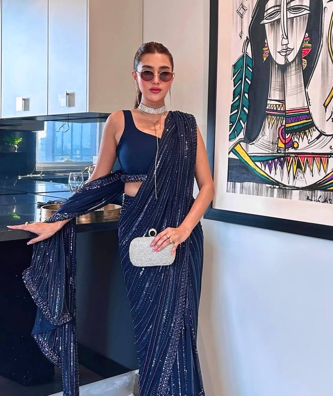 Glimmering Navy Blue Georgette Thread Work Saree