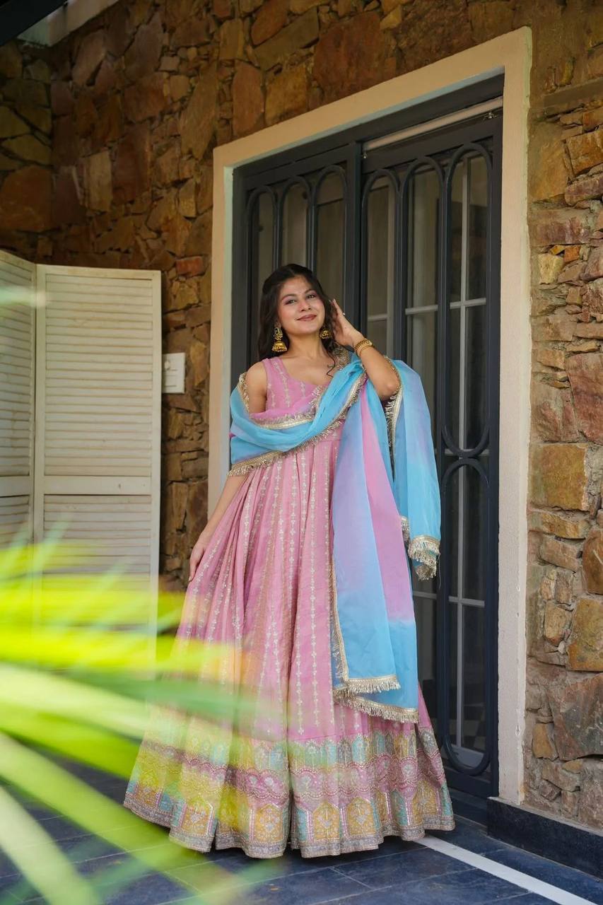 Beautiful Pink Organza Digital Printed Anarkali Gown