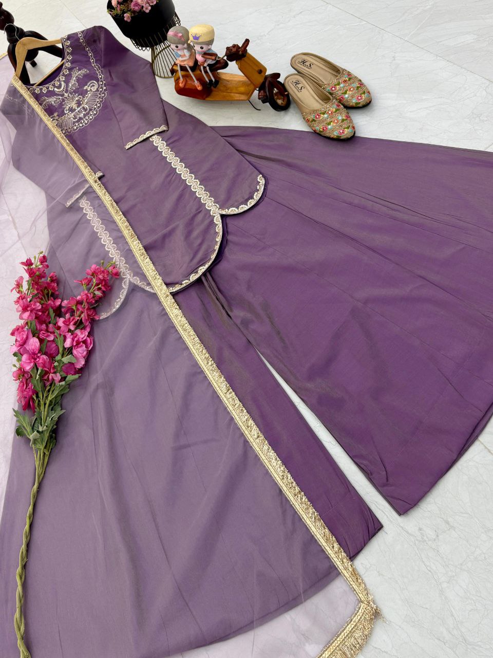 Ravishing Lavender Roman Simar Silk Sequence Embroidery Sharara Suit