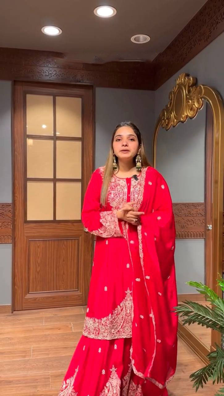 Trendy Red Georgette Embroidery Work Sharara Suit