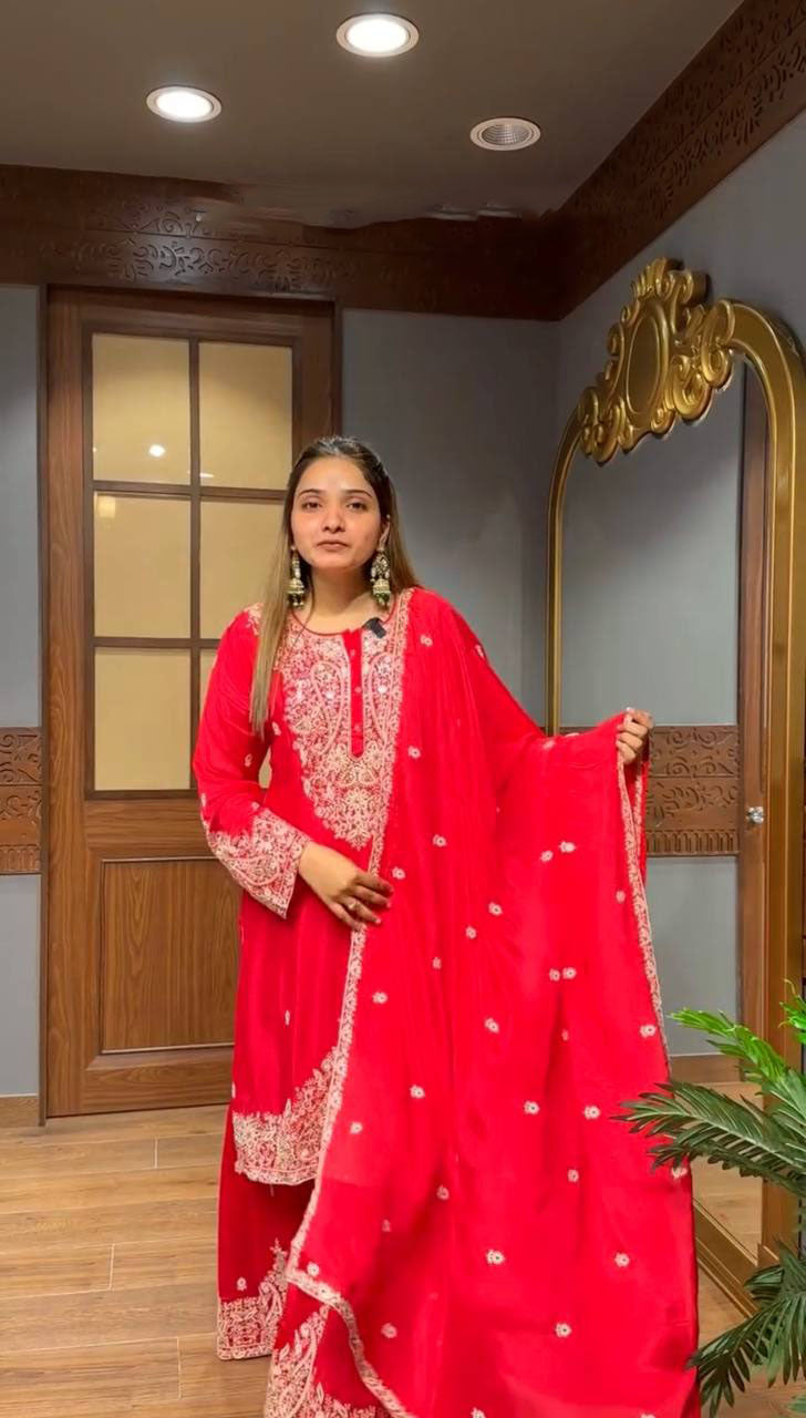 Trendy Red Georgette Embroidery Work Sharara Suit