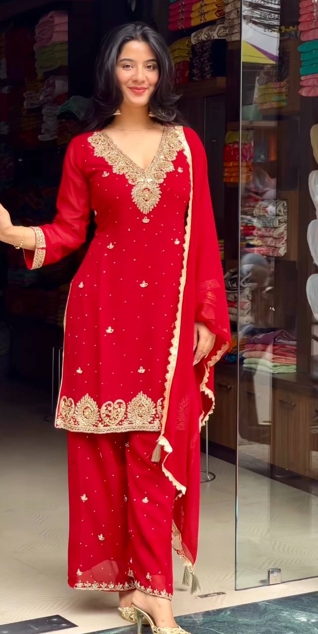 Designer Red Georgette Sequence Work Palazzo Suit