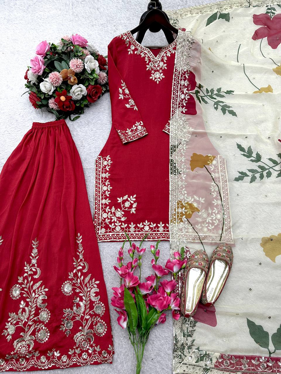 Captivating Red Cinon Silk Sequence Work Sharara Suit