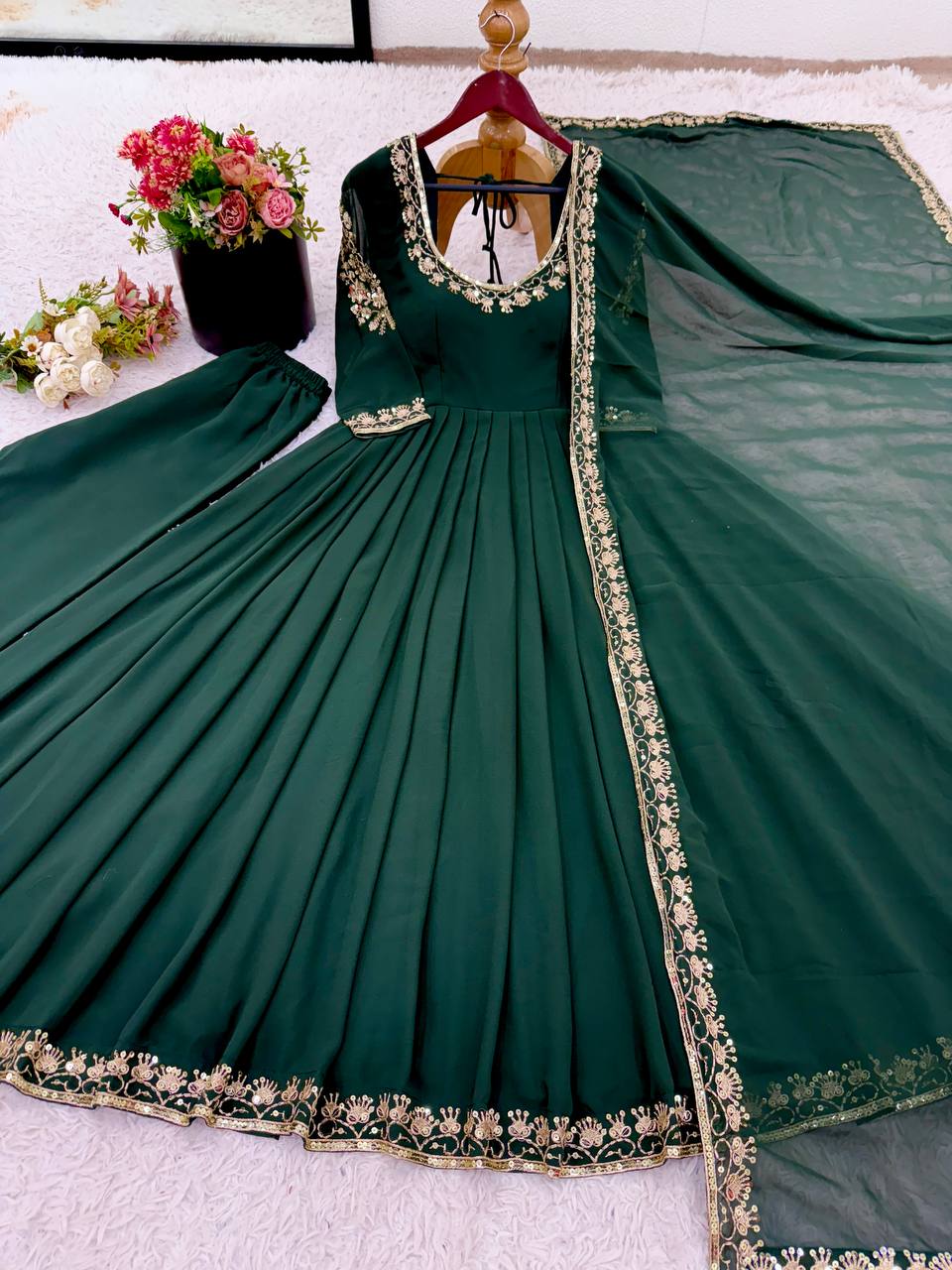 Glimmering Green Georgette Embroidery Work Gown