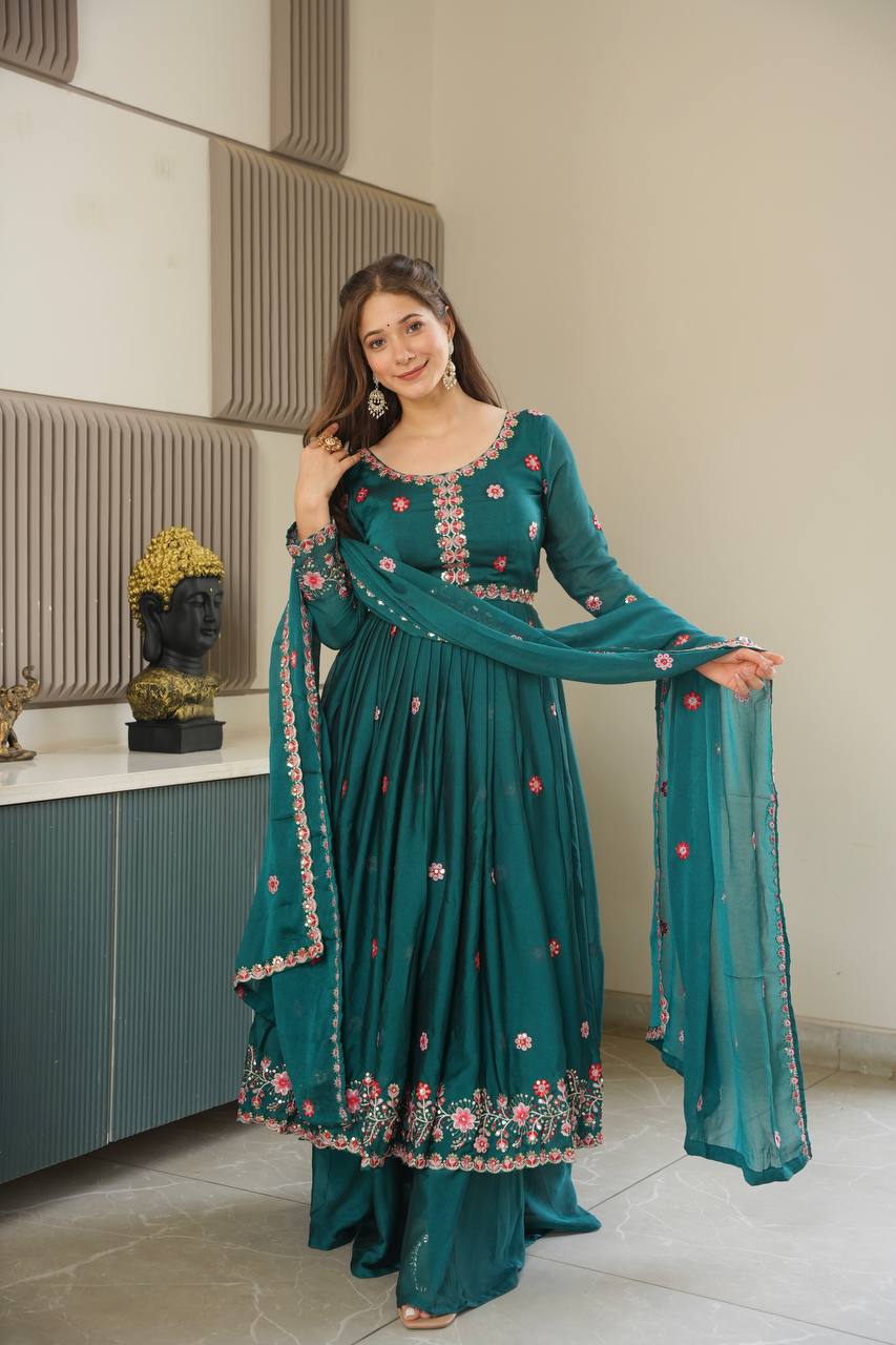 Exclusive Green Silk Embroidery Work Sharara Suit