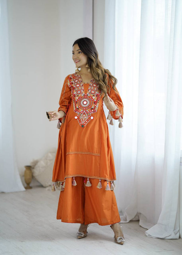 Wonderful Orange Embroidery Work Co-ord Set