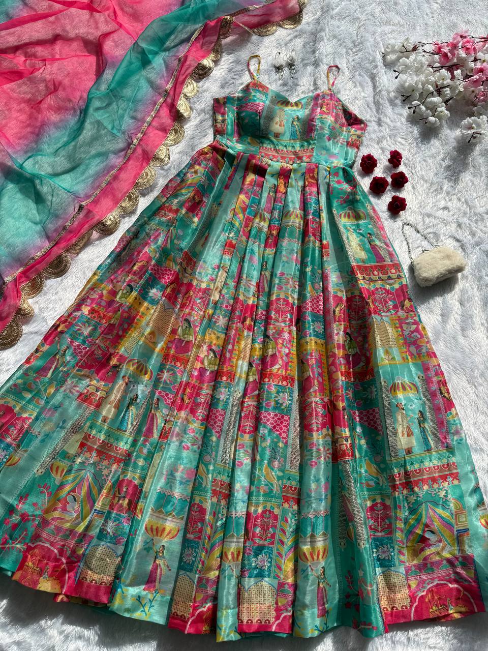 Gorgeous Green Organza Digital Printed Anarkali Gown