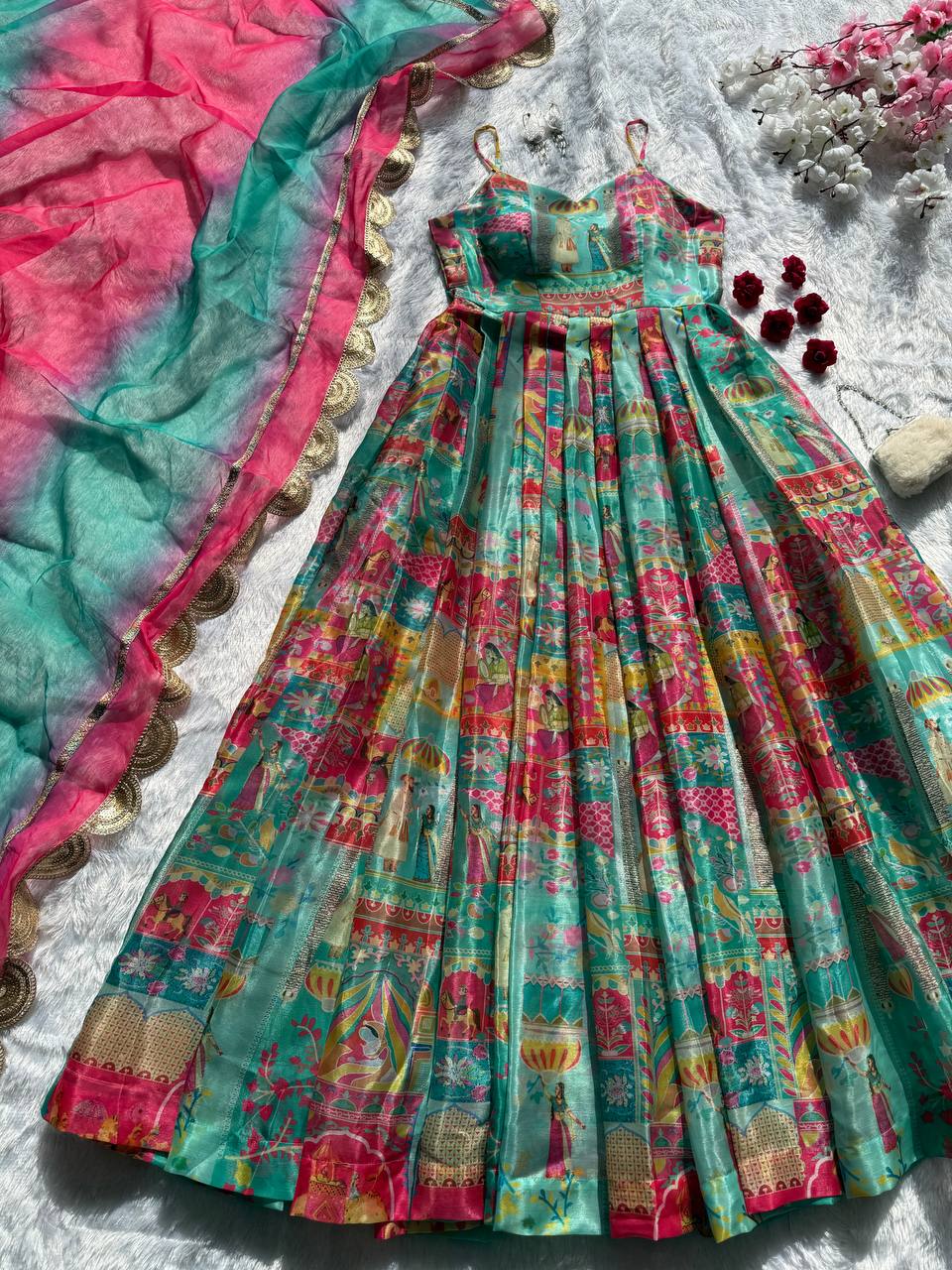 Gorgeous Green Organza Digital Printed Anarkali Gown