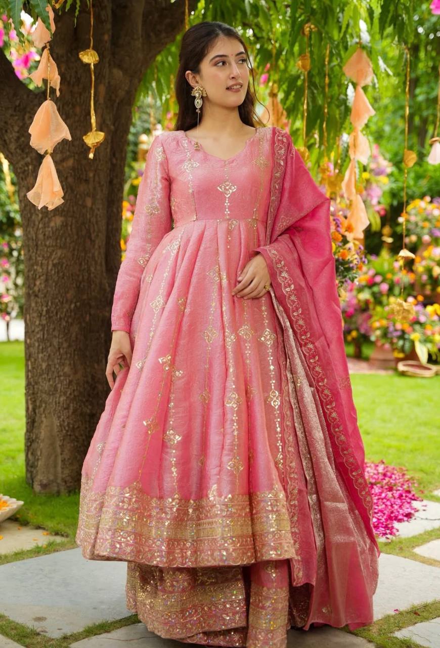 Pretty Pink Color Sequence Work Silk Gown With ShararaSuit