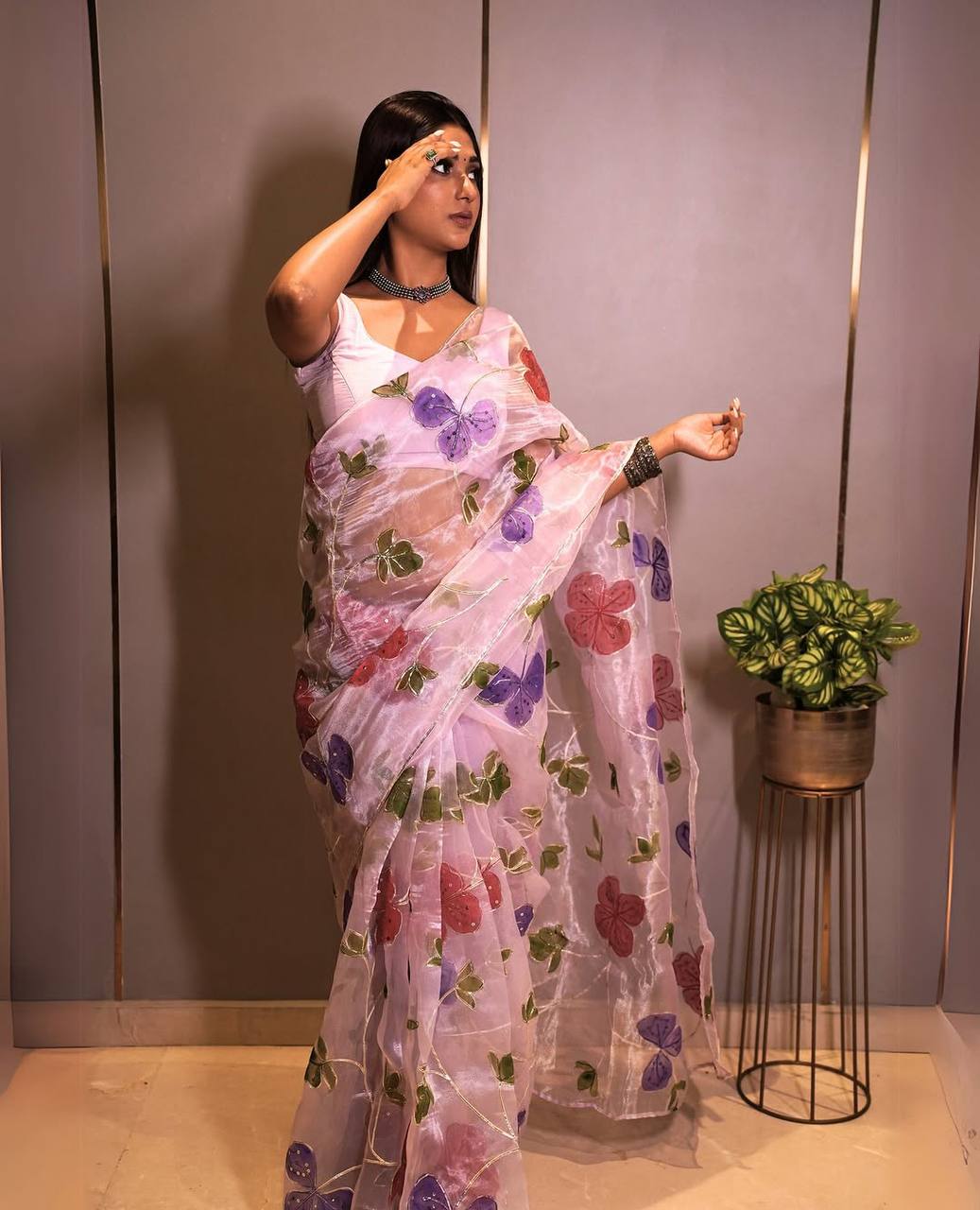 Trendy Lavender Color Sequence Work Organza Silk Saree