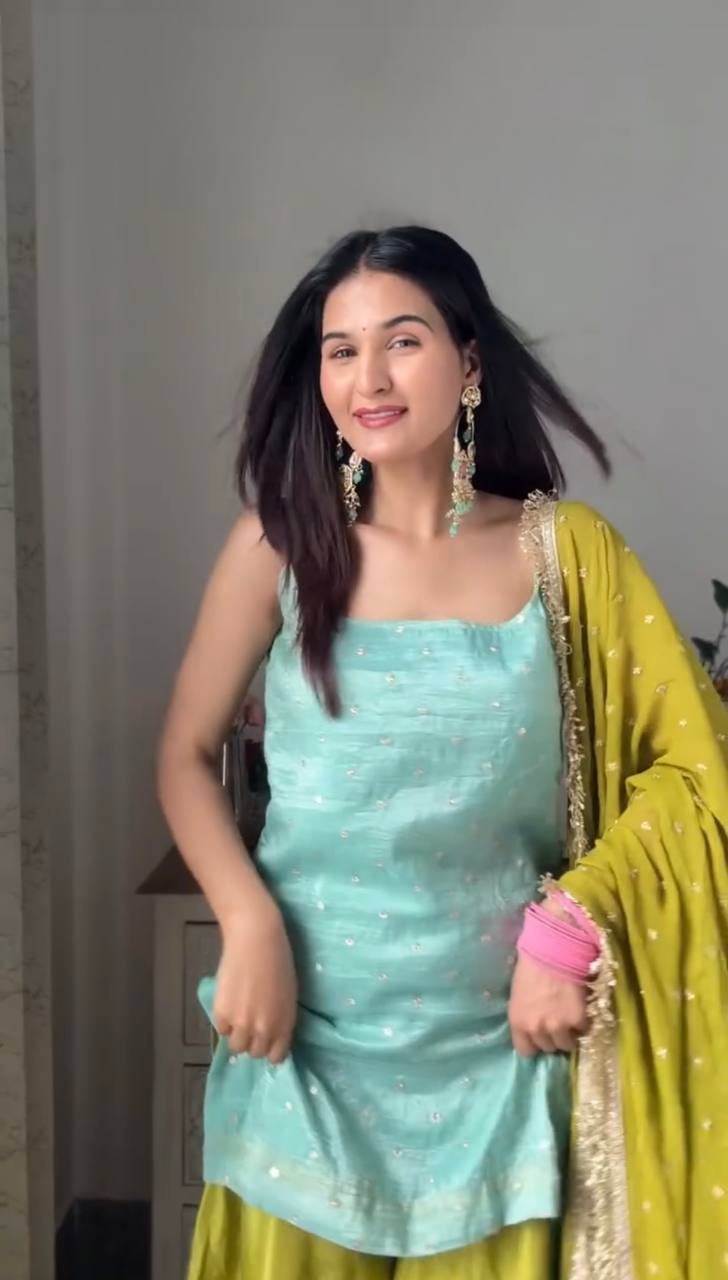 Designer Green Color Sequence Work Sharara Suit