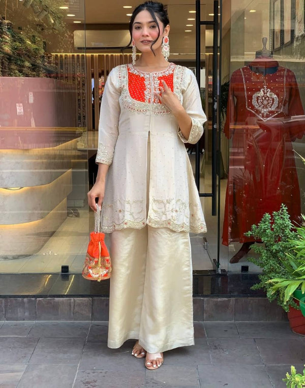 Classy Orange Color Embroidery Work Co-ord Set