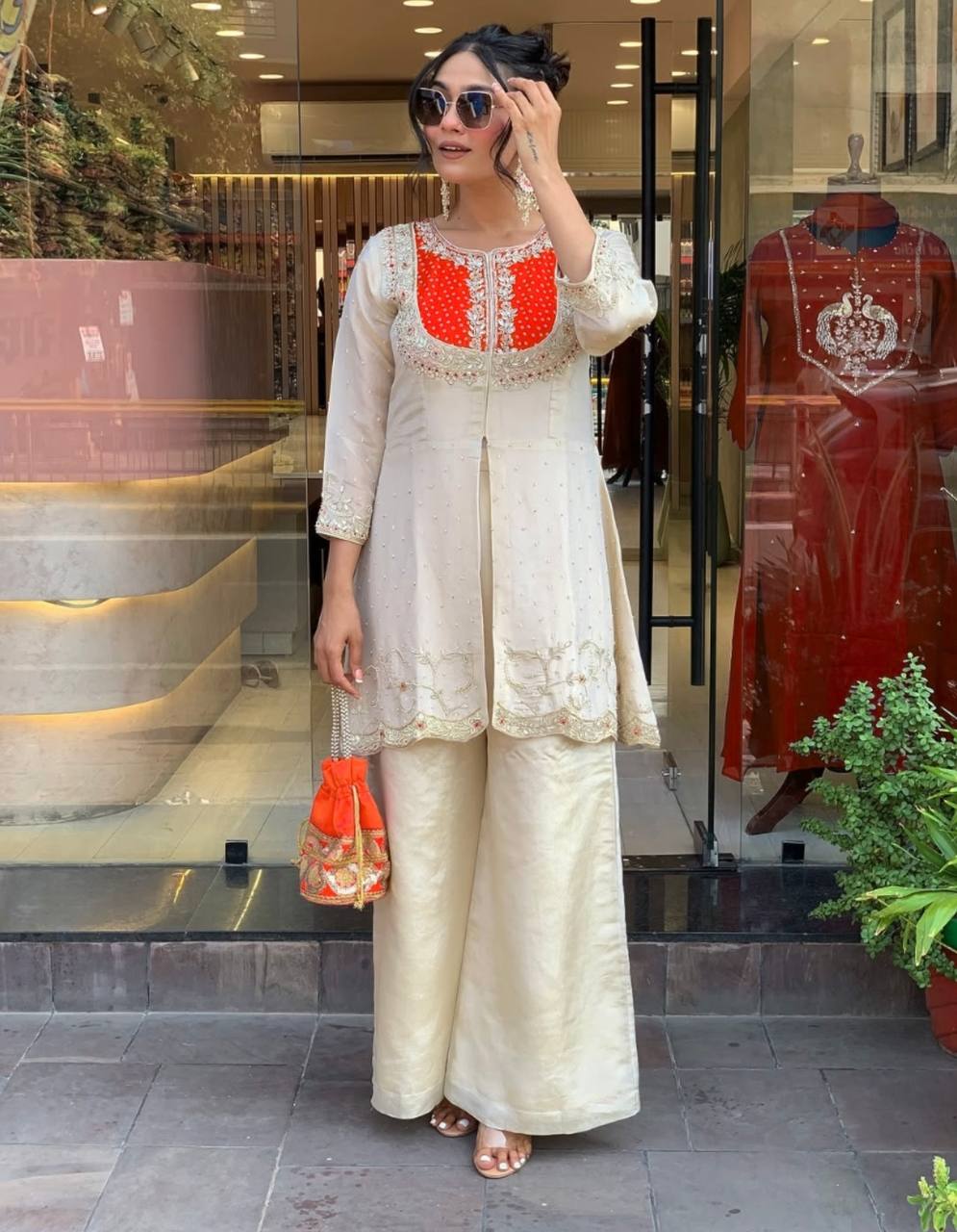 Classy Orange Color Embroidery Work Co-ord Set