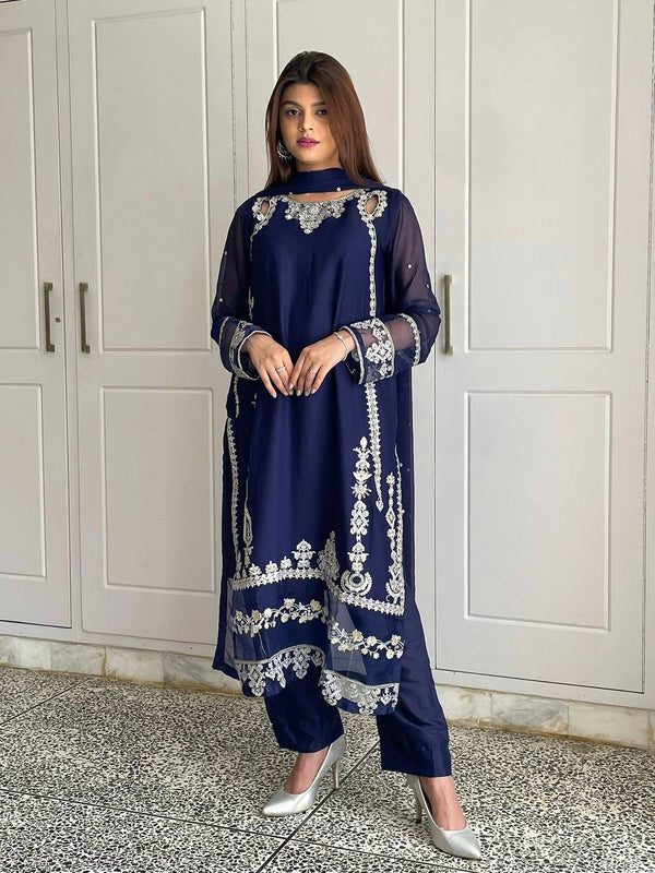 Marvelous Navy Blue Color Embroidery Sequence Suit