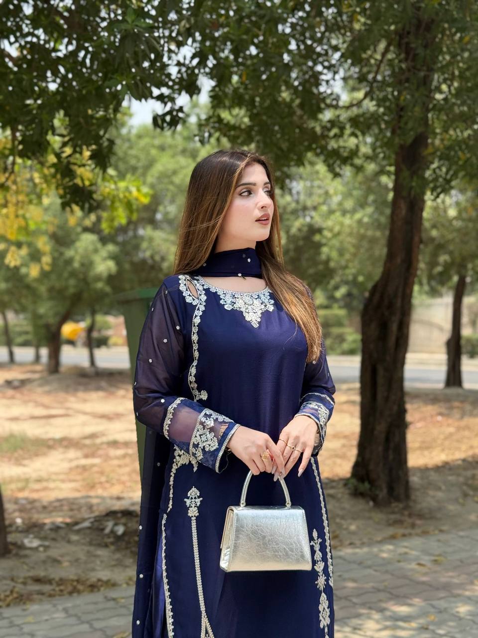 Marvelous Navy Blue Color Embroidery Sequence Suit