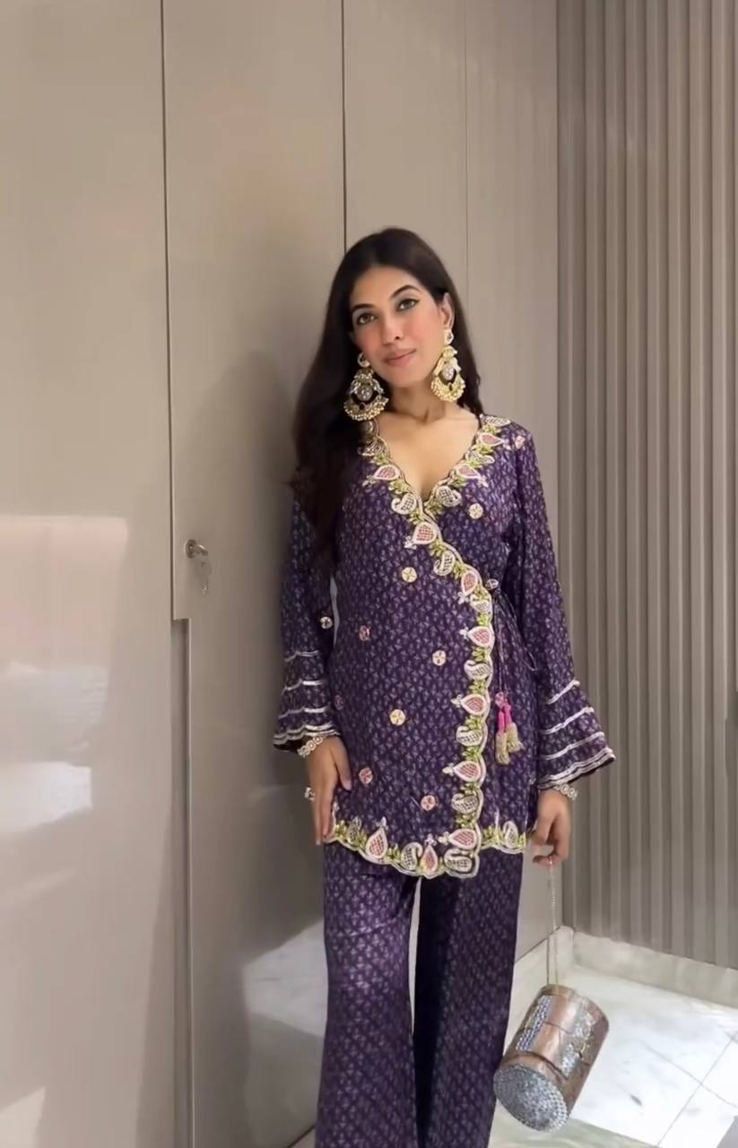 Admiring Purple Color Embroidery Palazzo Suit