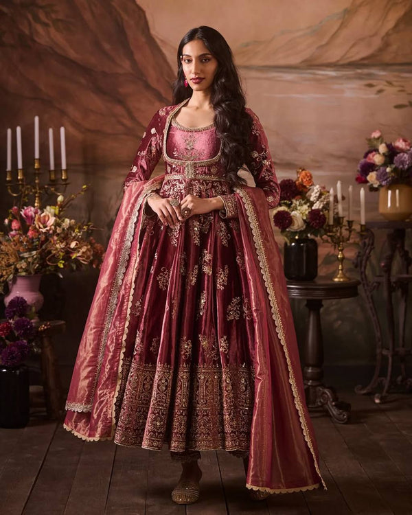 Beautiful Wine Color Thread Work Anarkali Gown