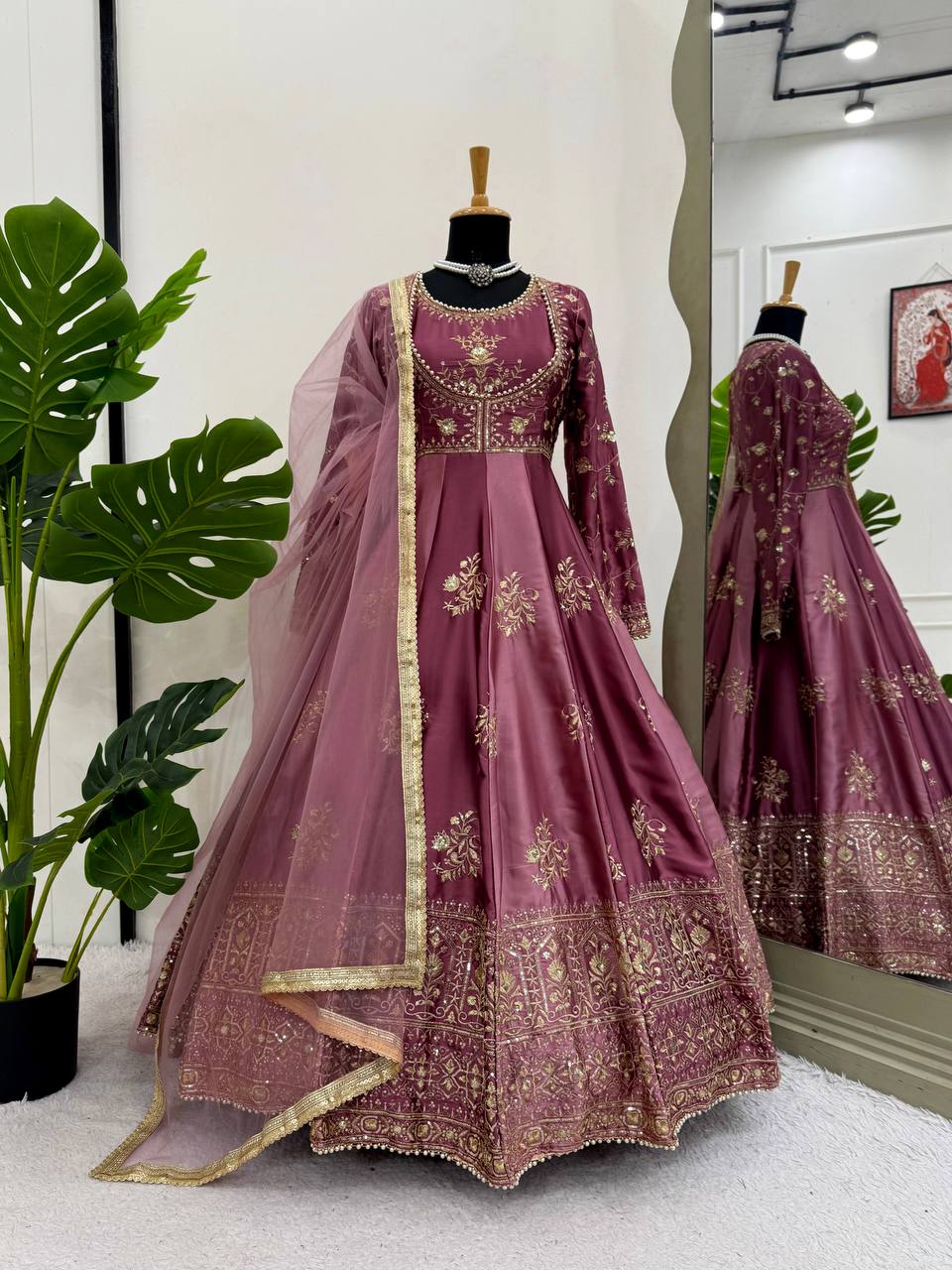 Beautiful Wine Color Thread Work Anarkali Gown