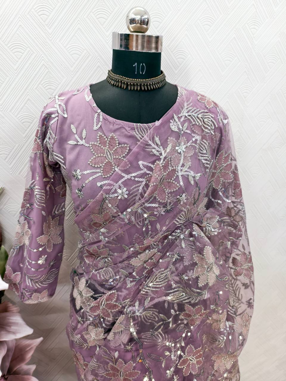 Trendy Lavender Color Net Sequence Work Ready To Wear Saree