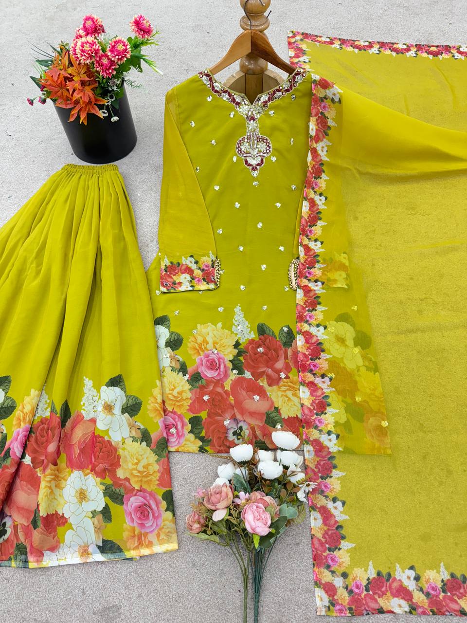 Admiring Parrot Green Sequence Work Georgette Sharara Suit