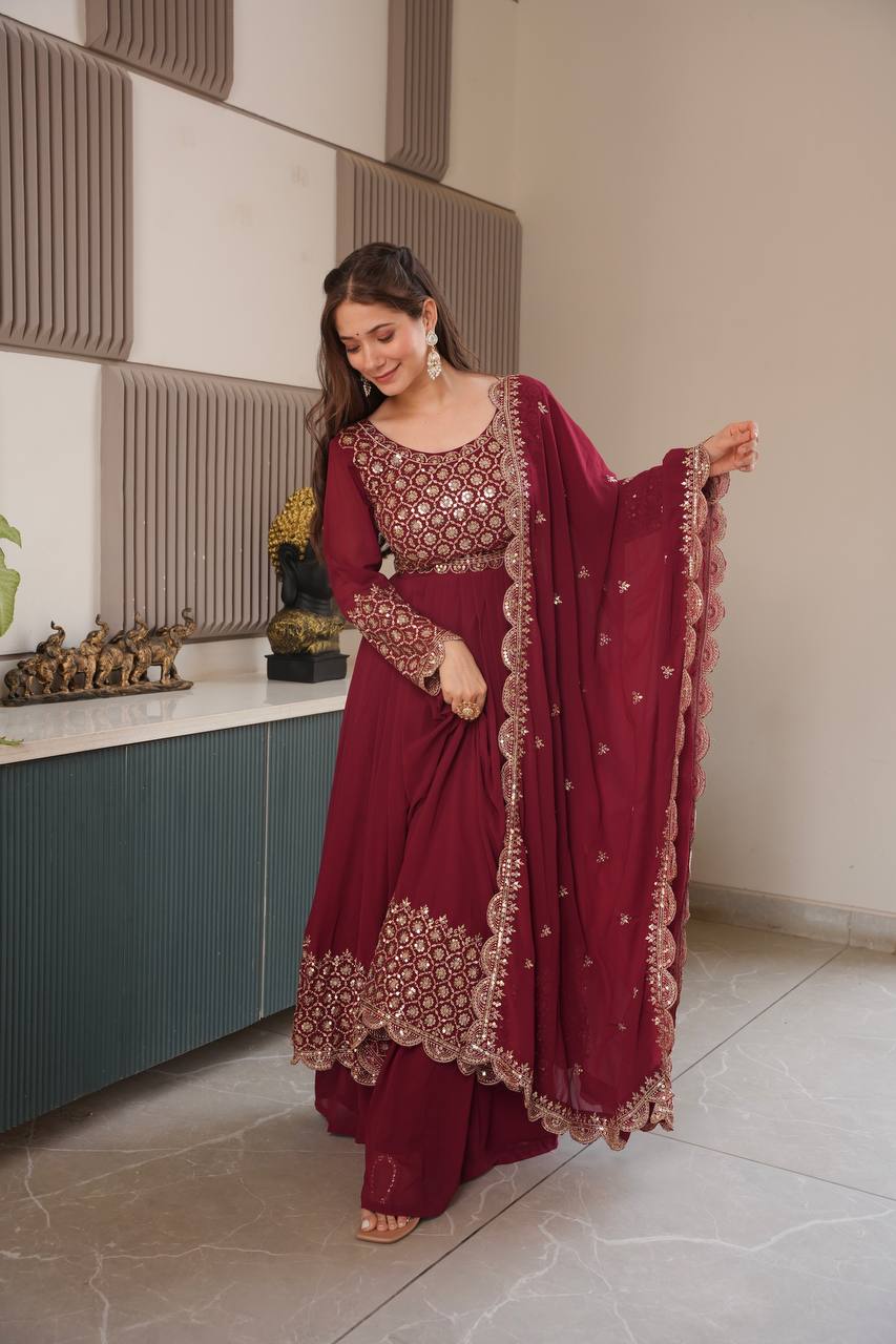Gorgeous Red Color Embroidery Georgette Sharara Suit