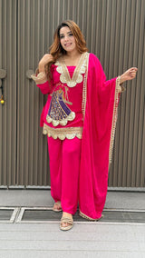 Party Wear Crepe Embroidered Top, Sharara & Dupatta Set