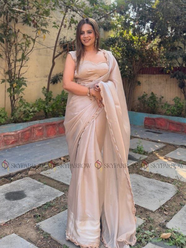 Premium Tissue Silk Saree with Pearl Dori & Golden Lace Border