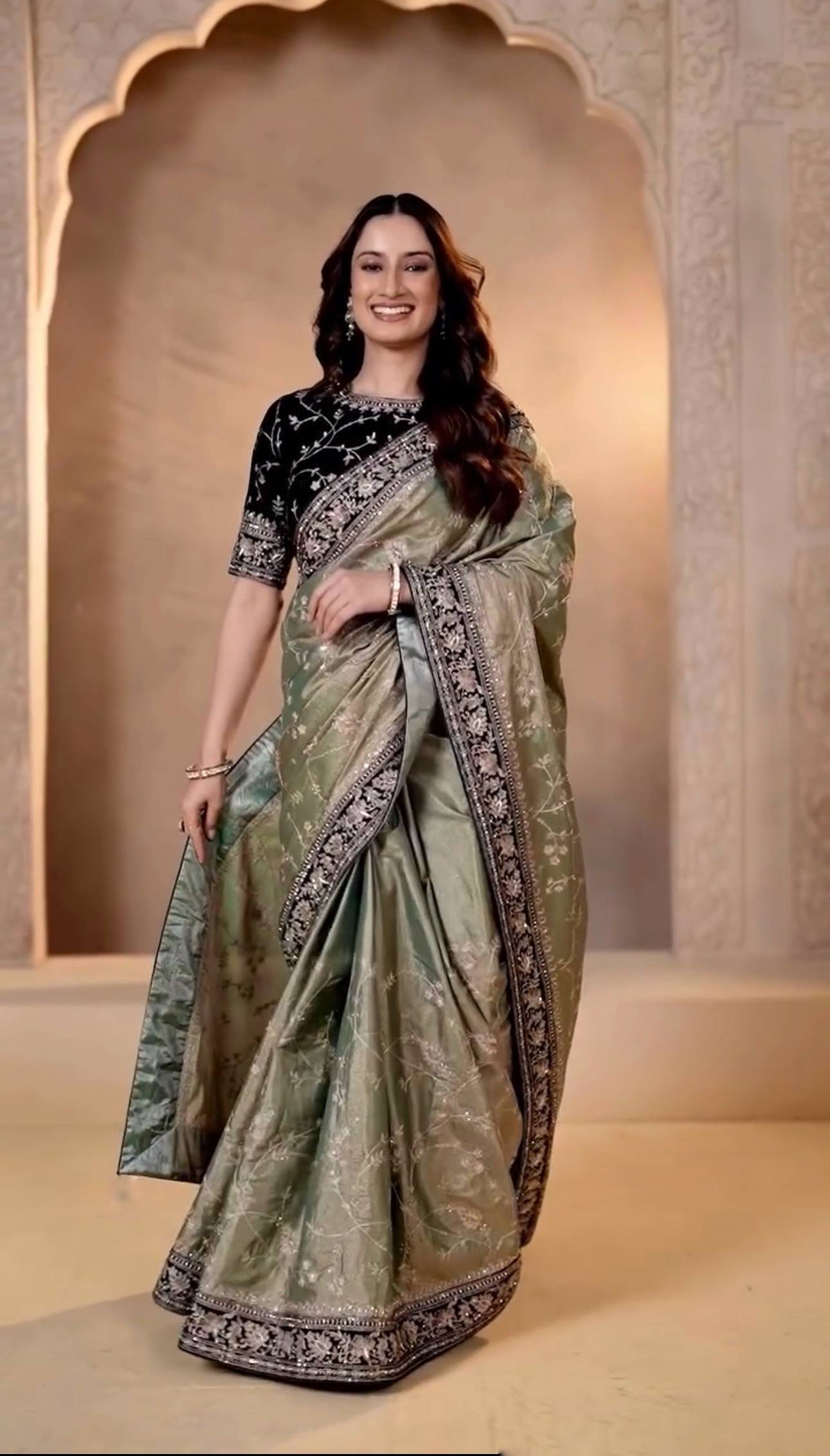 Designer Soft Mocha Silk Saree with Silver Zari & Sequins Embroidery