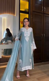 Ameira Elegant Chinon Silk Embroidered Kurti Palazzo Set