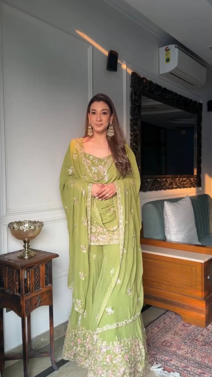 Premium Faux Georgette Embroidered Top–Sharara–Dupatta Set | Fully Stitched