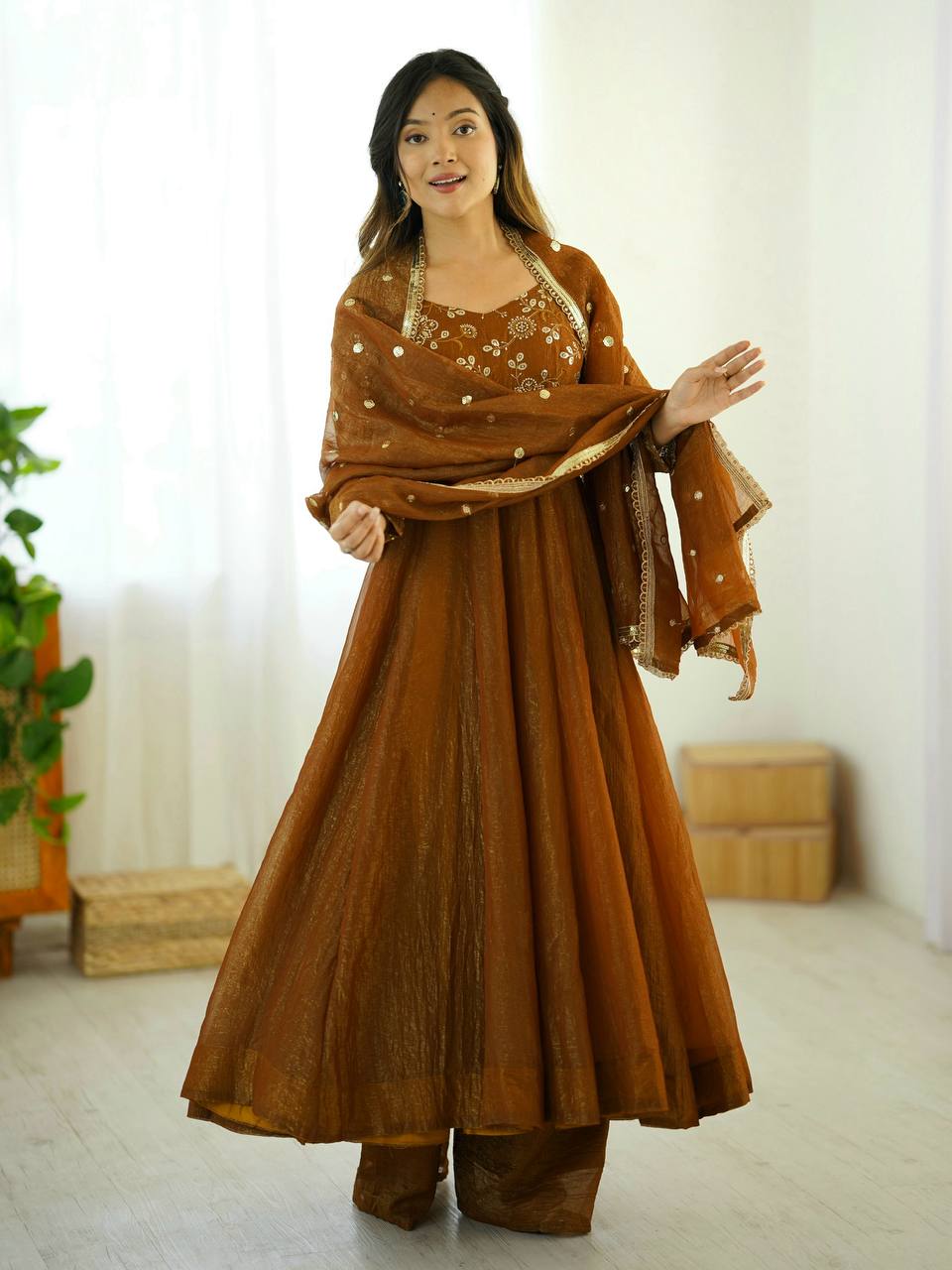 Crunchy Silk Gown Set with Dupatta – Premium Ready-to-Wear Ethnic Collection