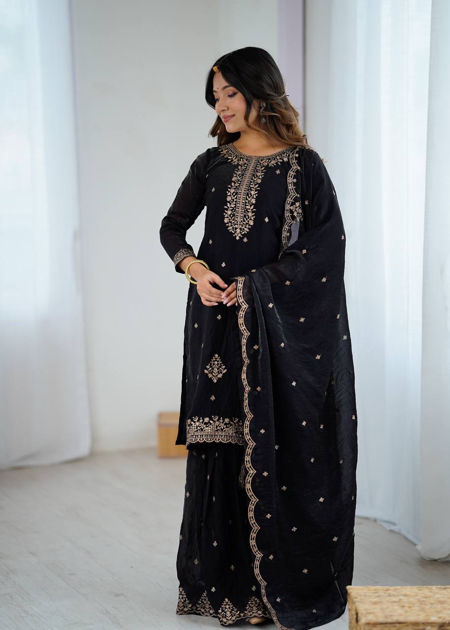 Pure Crunchy Silk Embroidered Kediyu Kurta, Sharara & Dupatta Set