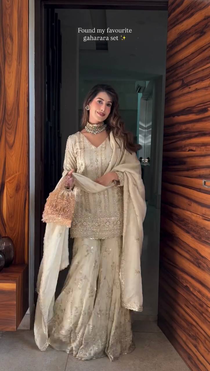 Premium Heavy Faux Georgette Embroidered Top–Plazzo–Dupatta Set | Fully Stitched Ready-to-Wear