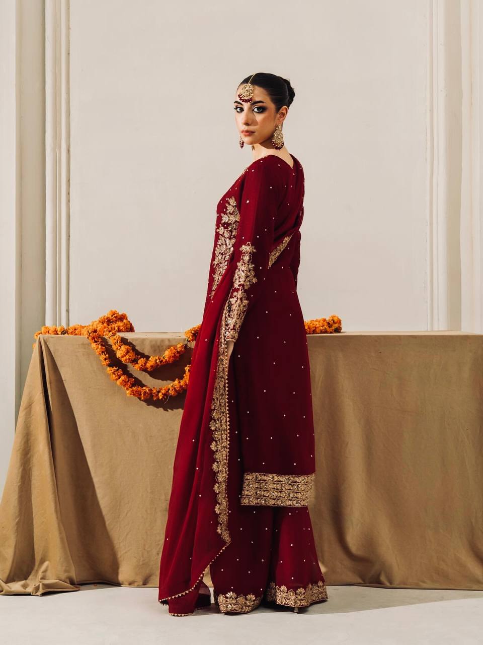 Elegant Velvet Embroidered Sequence Work Three-Piece Designer Set
