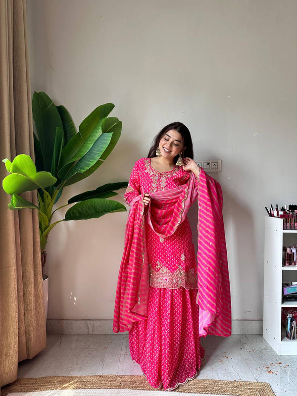 Printed Chinon Embroidered Kurti, Sharara & Dupatta Set Premium Festive Ethnic Wear