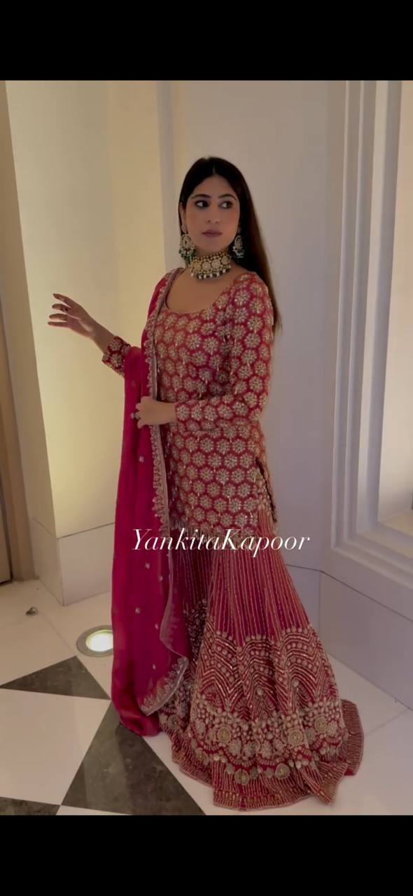 Premium Heavy Faux Georgette Embroidered Top–Sharara–Dupatta Set | Fully Stitched