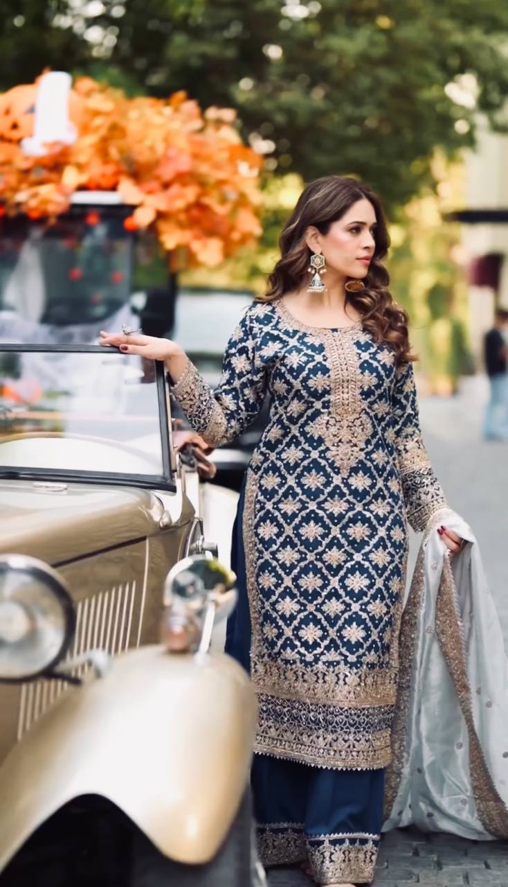 Heavy Faux Georgette Embroidered Top–Plazzo Set with Dupatta