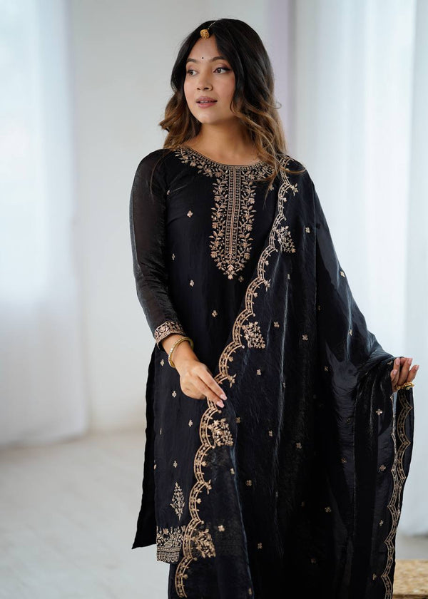 Pure Crunchy Silk Embroidered Kediyu Kurta, Sharara & Dupatta Set
