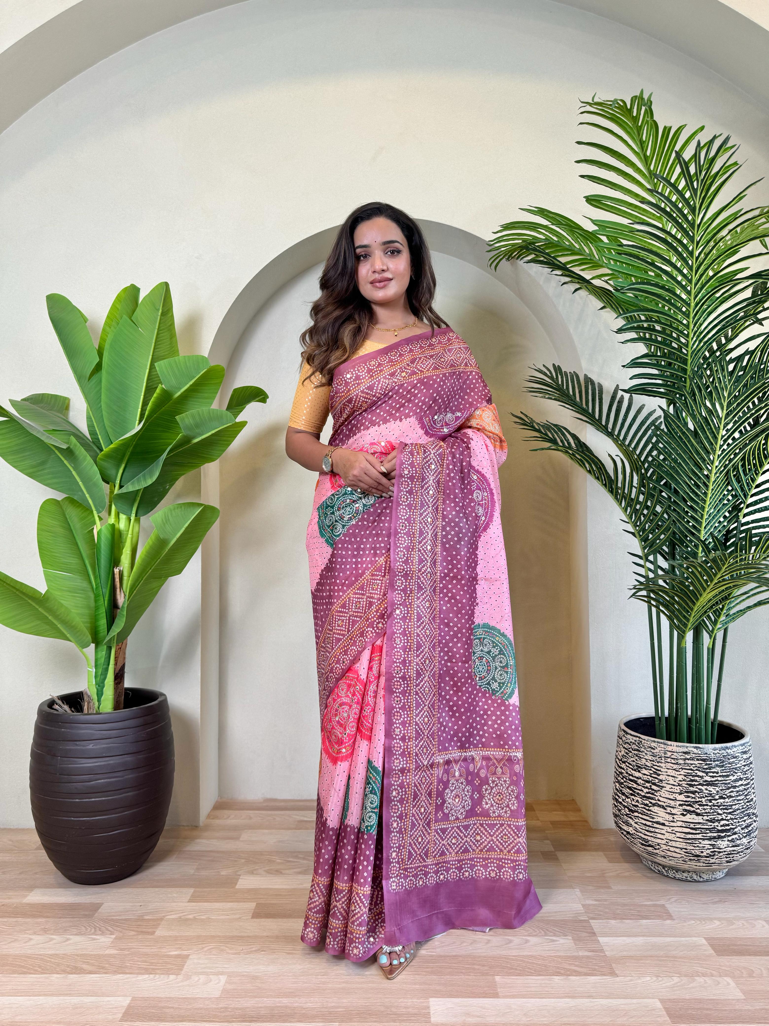 Multi Design Bandhani Print Wine Color Exclusive Saree